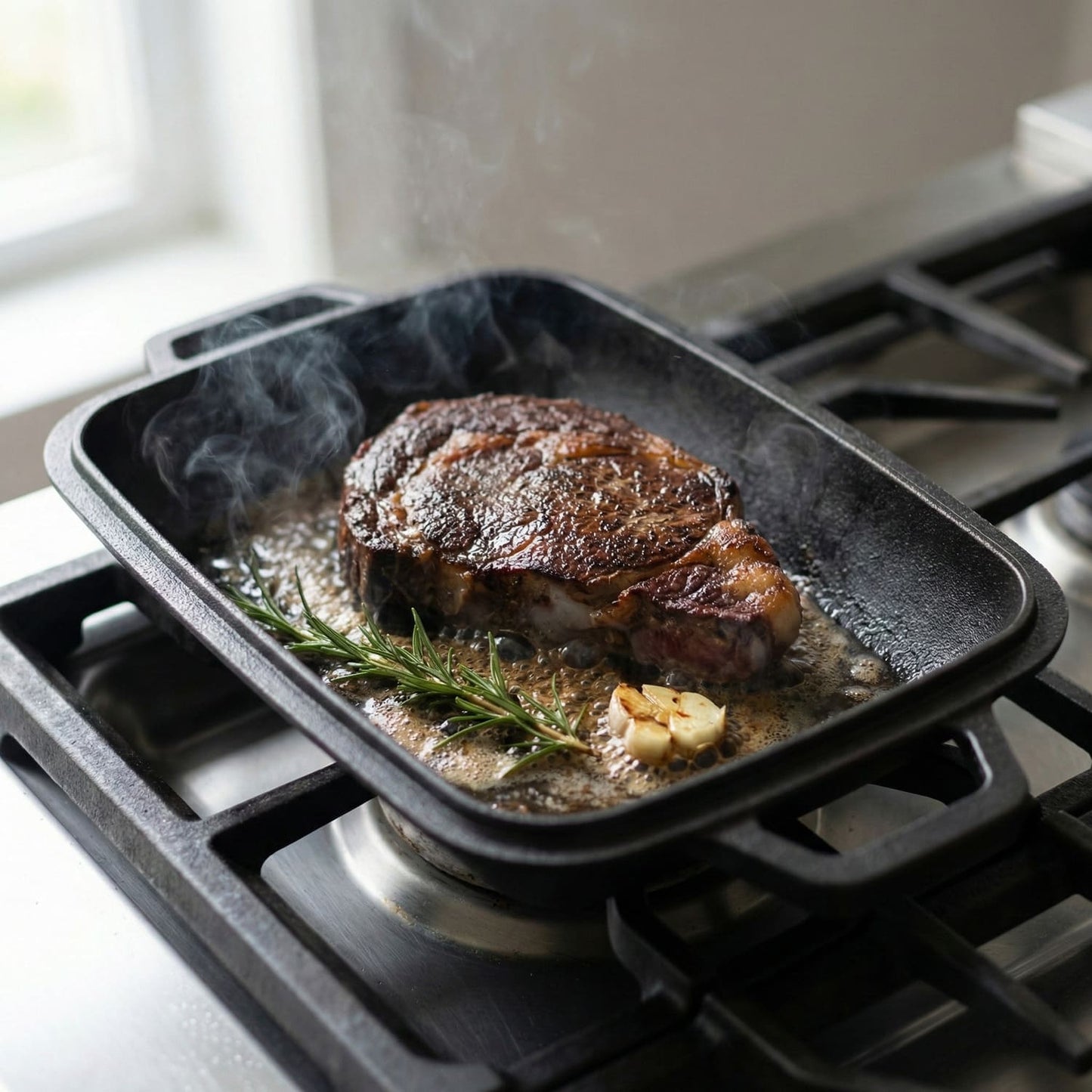 Oval bread oven on stovetop with bread, herbs, and steam Black (Pre-Seasoned)