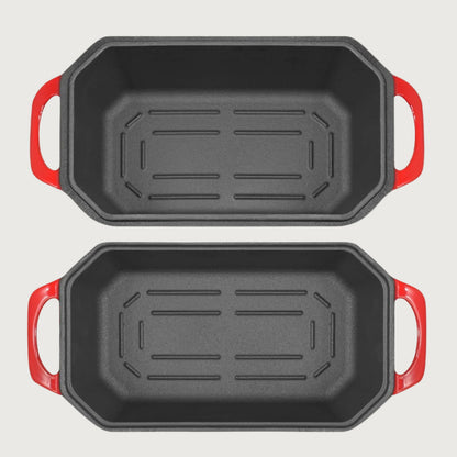 Two roasting pans double as cast iron loaf pan nz with red handles on a beige background