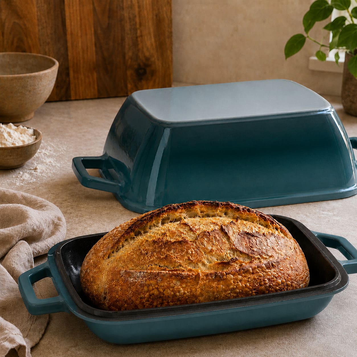 cast iron oval bread oven for sourdough batard Deep cyan (enamelled)