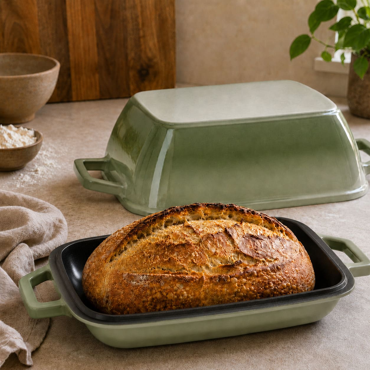 cast iron oval bread oven for sourdough batard sage green (enamelled)