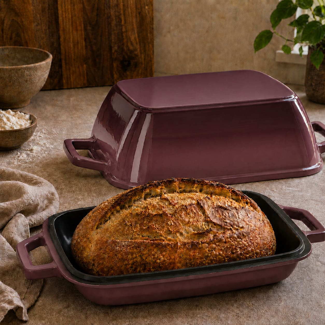 cast iron oval bread oven for sourdough batard plum purple (enamelled)