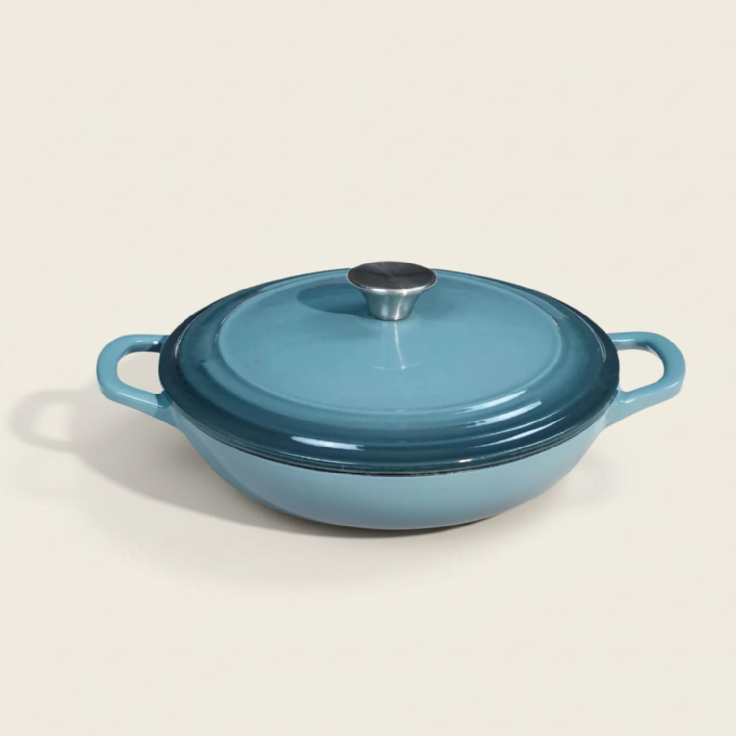 Blue cast iron shallow casserole dish with lid 
