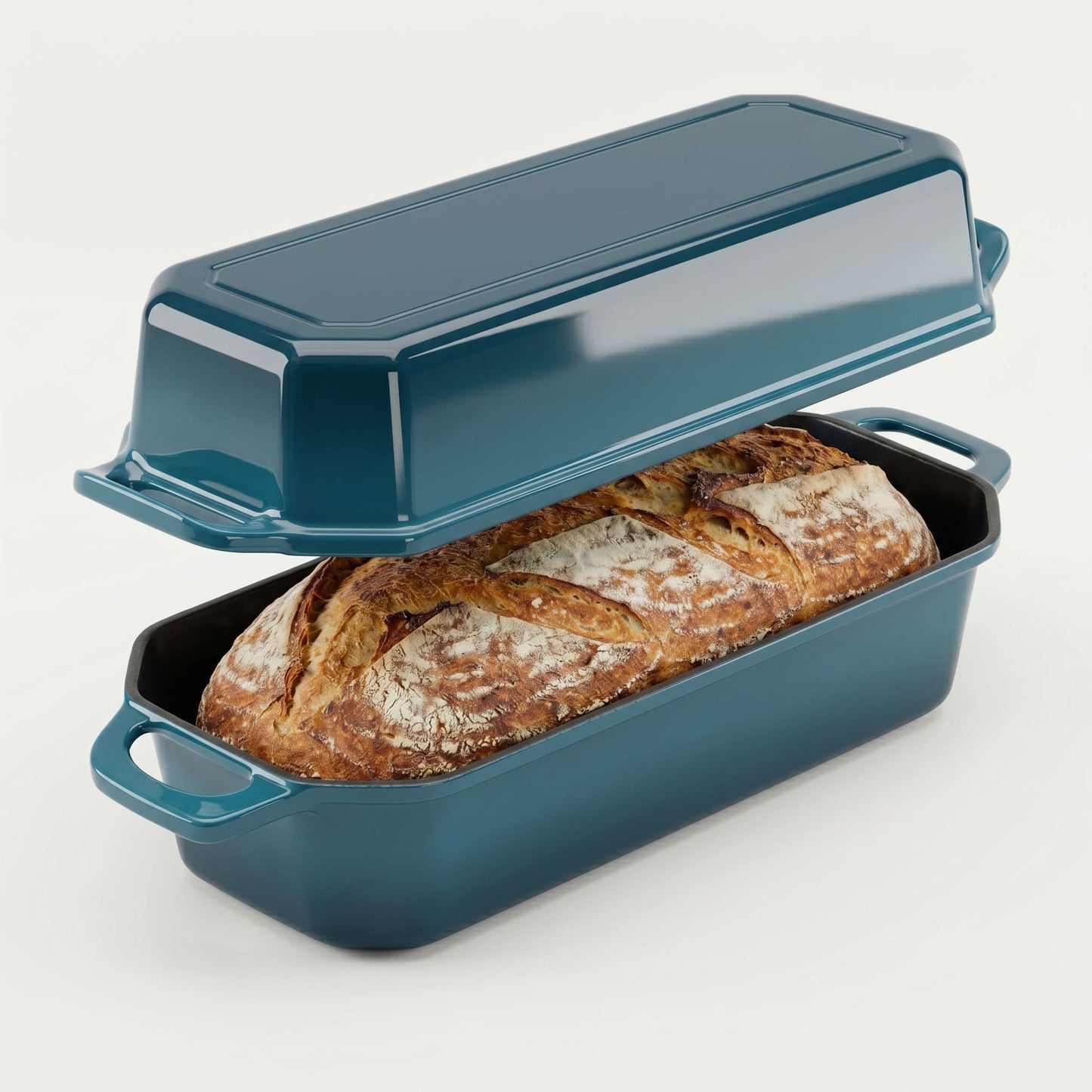 Blue bread pan with a loaf of bread inside on a white background