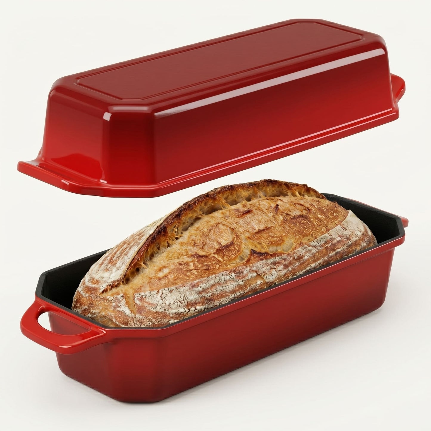 Red bread loaf pan with a loaf of bread inside on a white background