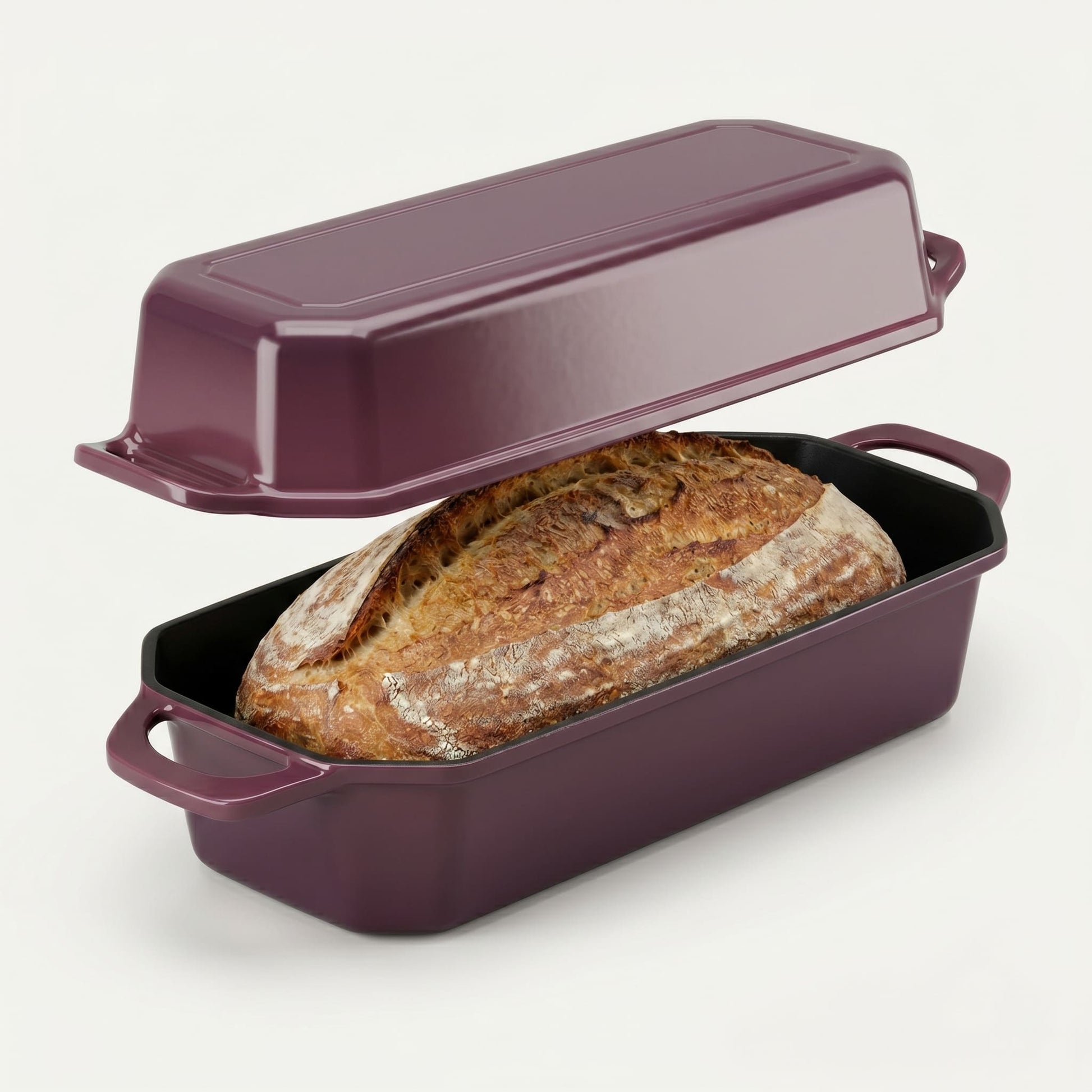 Purple bread loaf pan with a loaf of bread inside on a white background