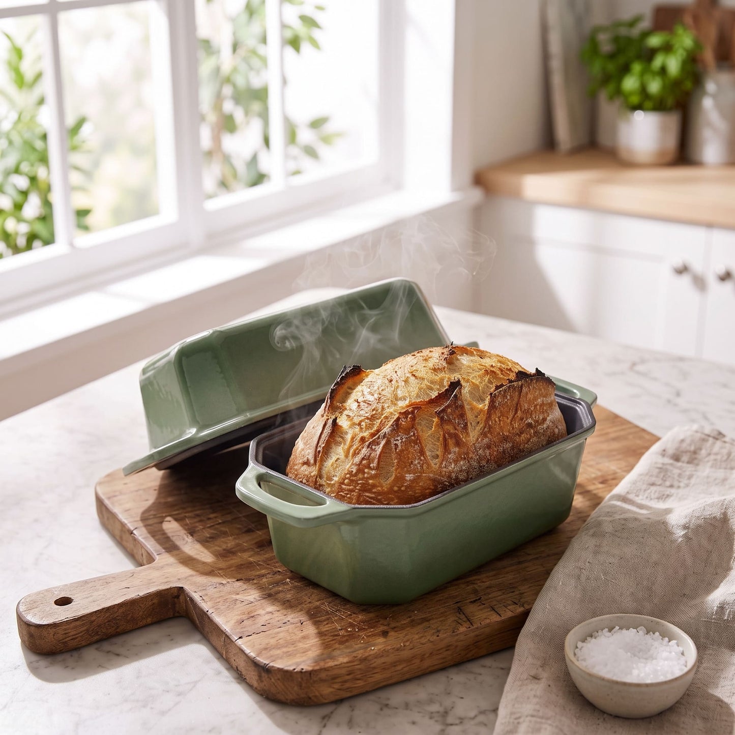A sage green rectangular baking dish with a lid sits on a wooden cutting board on a kitchen counter, with a freshly baked loaf of bread inside. Steam rises from the bread, and a small bowl of coarse salt is nearby. 23 x 13 cm