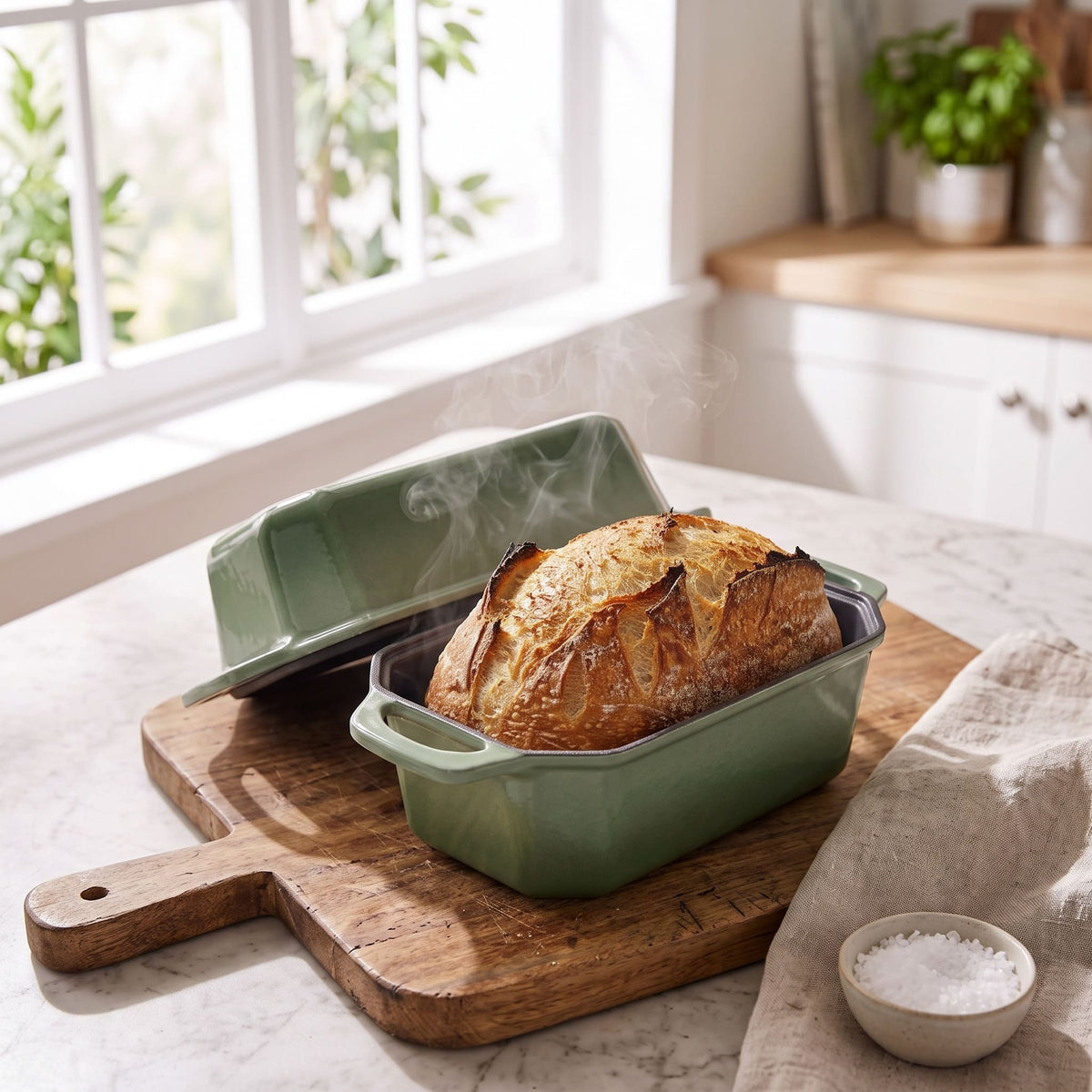 A sage green rectangular baking dish with a lid sits on a wooden cutting board on a kitchen counter, with a freshly baked loaf of bread inside. Steam rises from the bread, and a small bowl of coarse salt is nearby. 23 x 13 cm