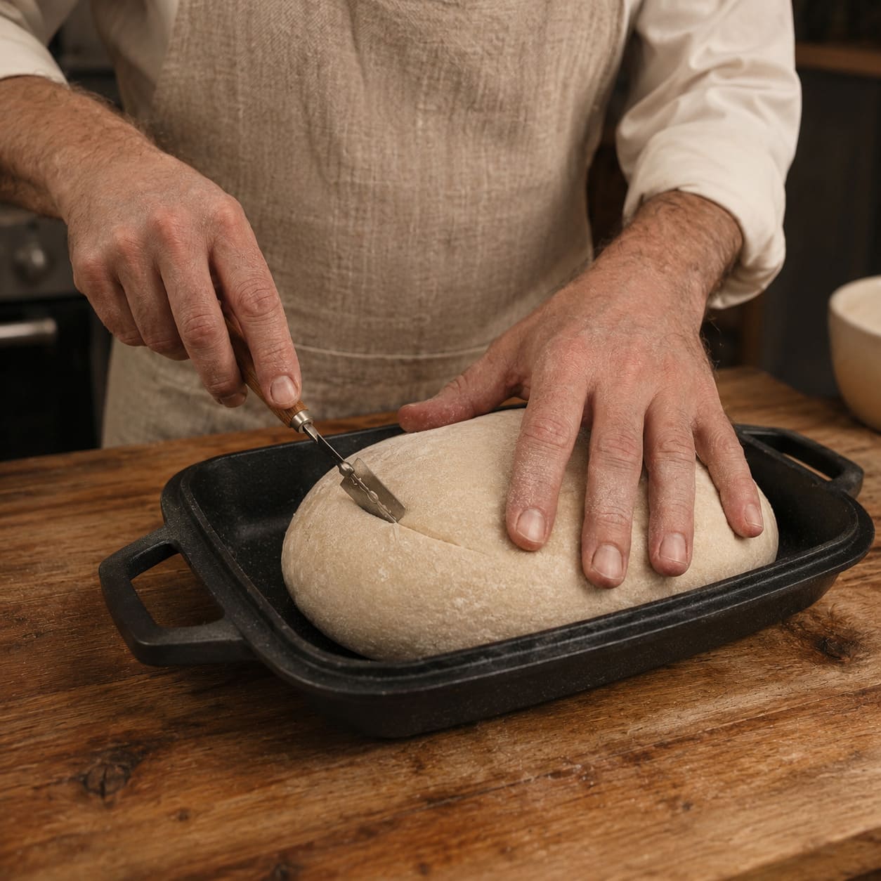 Oval bread pan with raw dough being prepared Black (Pre-Seasoned)
