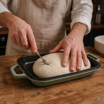Oval bread pan with raw dough being prepared sage green (enamelled)