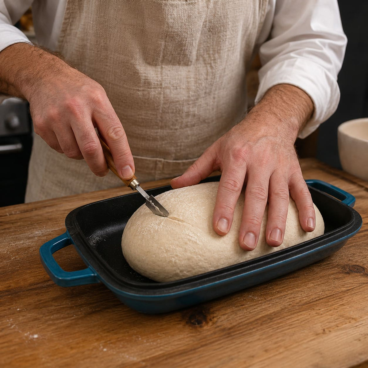 Oval bread pan with raw dough being prepared Deep cyan (enamelled)