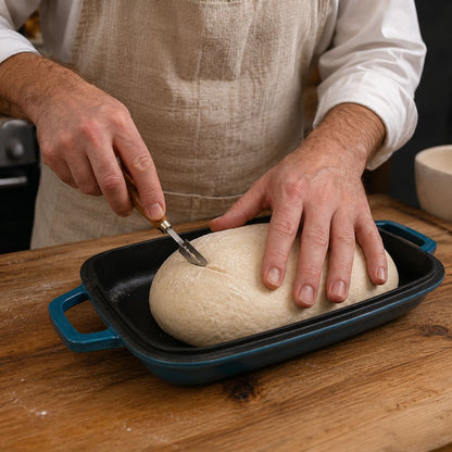 Oval bread pan with raw dough being prepared Deep cyan (enamelled)