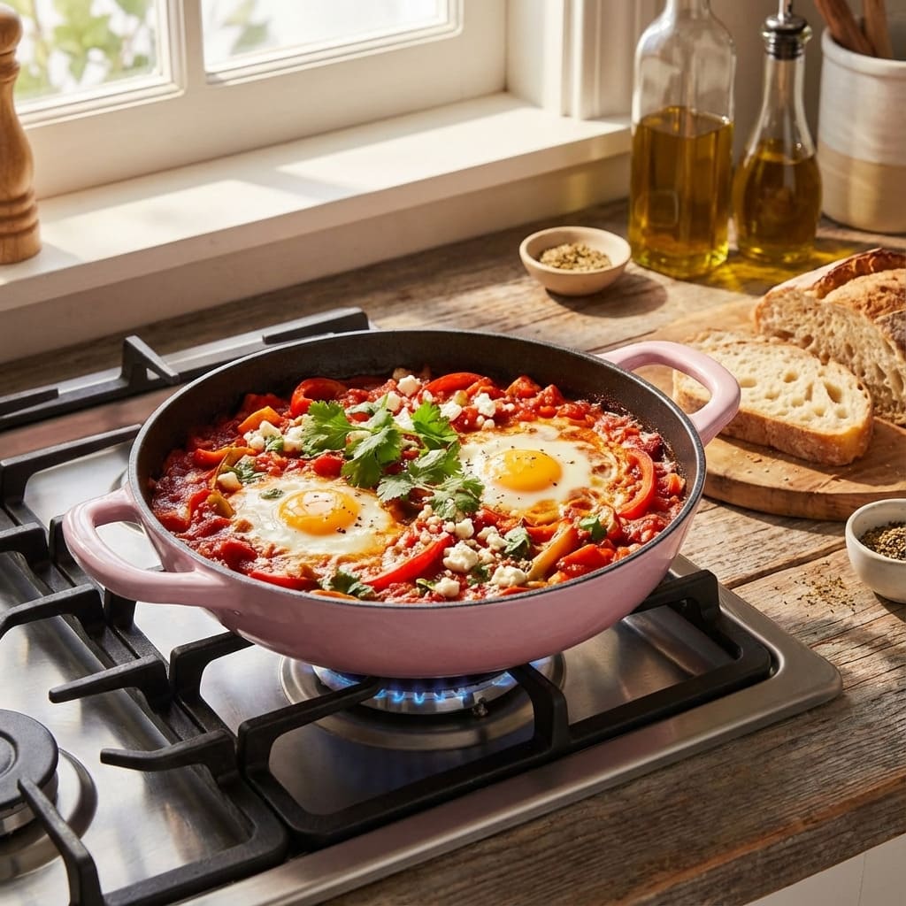Pink frying pan with eggs and vegetables on a gas stove, surrounded by kitchen items.