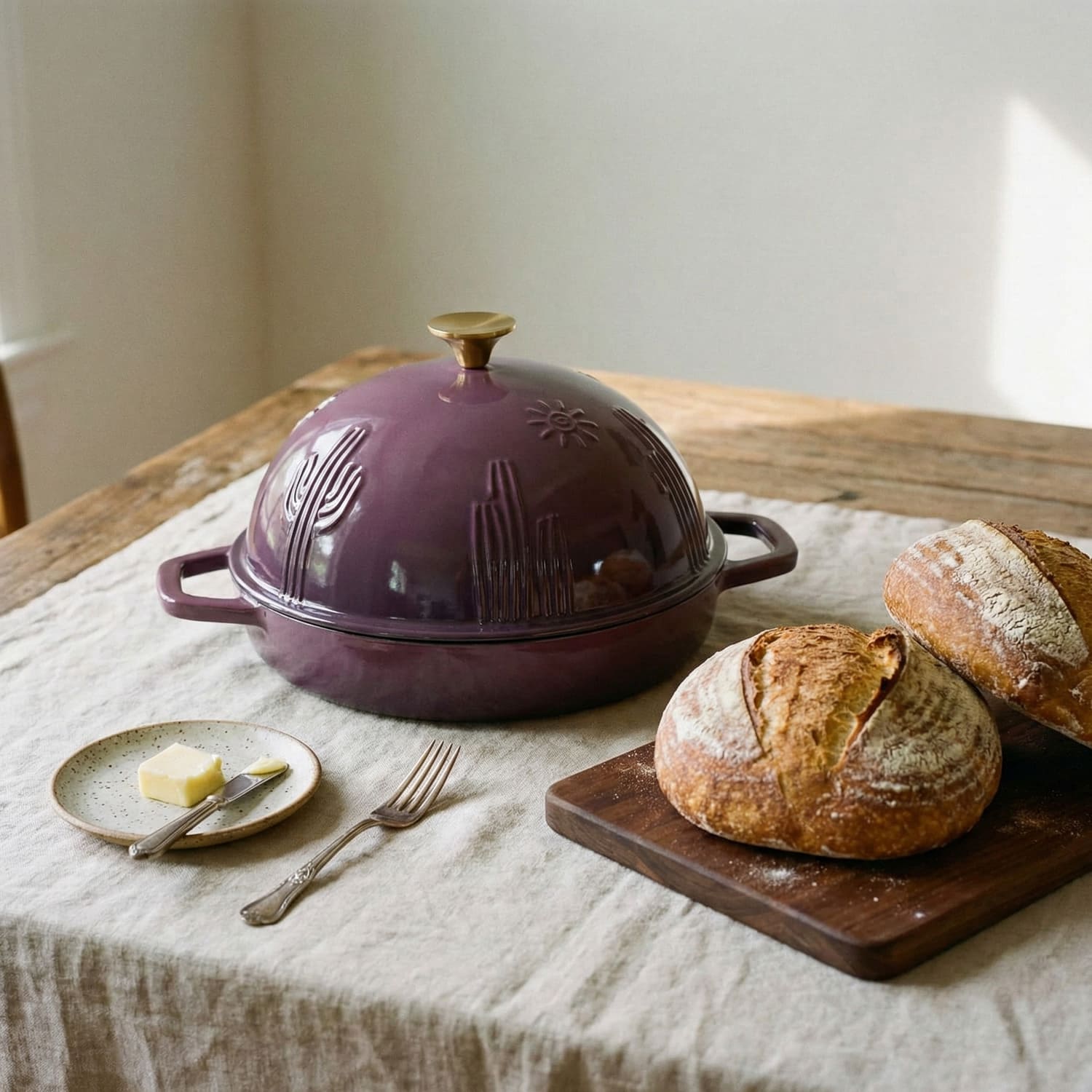 Purple enameled cast iron bread oven on a wooden table with bread and butter.