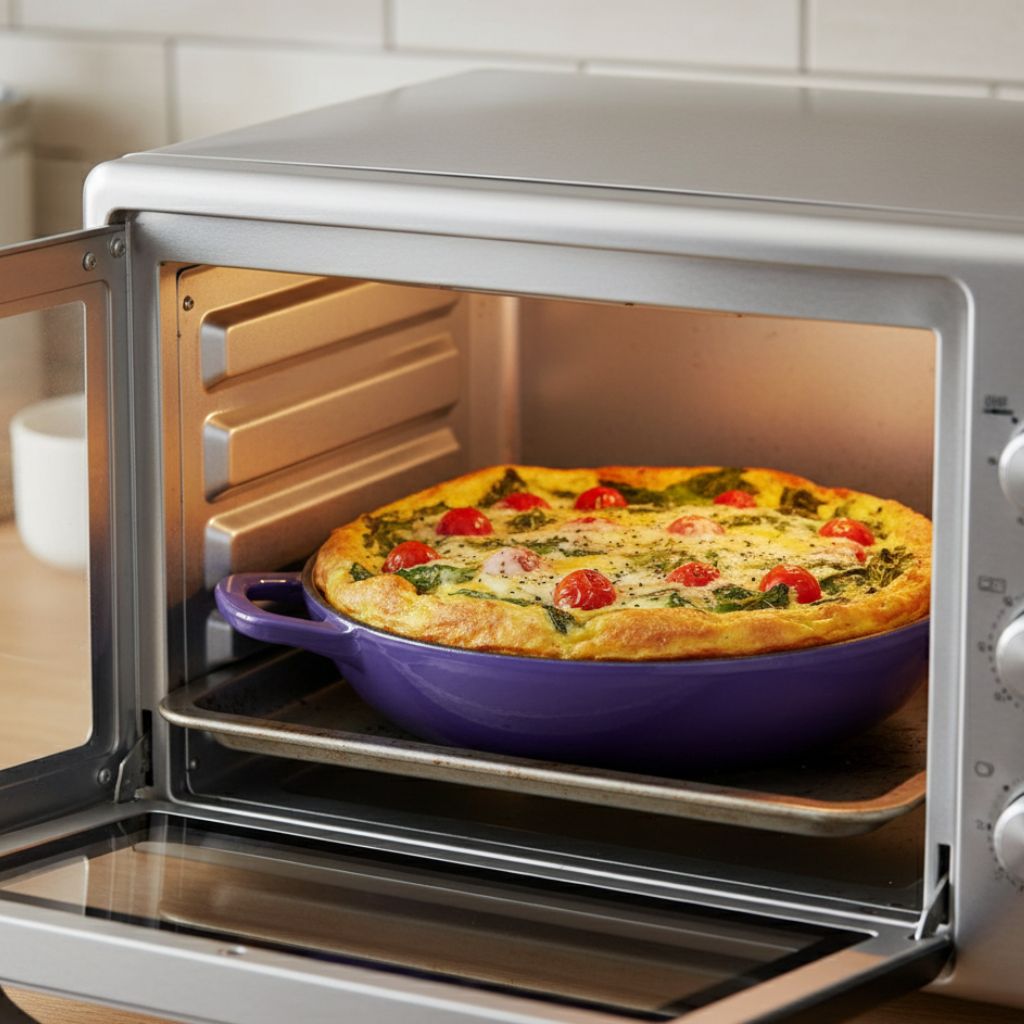 Toaster oven with a dish of quiche inside, on a kitchen counter.