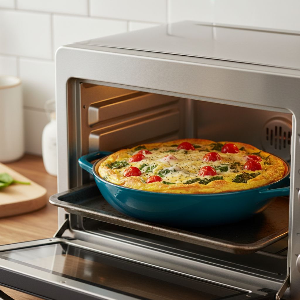 Frittata in a blue skillet inside an open toaster oven with a kitchen setting.