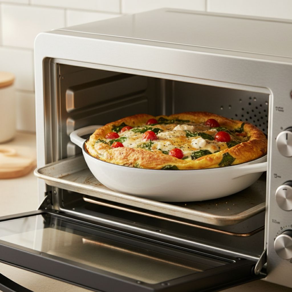 Omelette cooking in a toaster oven with visible ingredients like tomatoes and spinach.