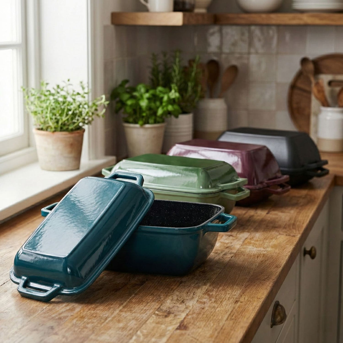 oval bread oven with lid and base tray, plus two covered side dishes