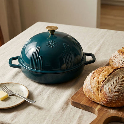 Teal enamelled cast iron Dutch oven on a table with bread and butter