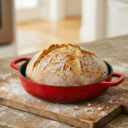 Loaf of bread in a red baking dish on a wooden surface