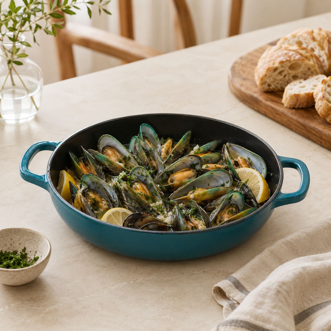 dark cyan enamelled cast iron shallow casserole with black interior and side handles, mussels with lemon