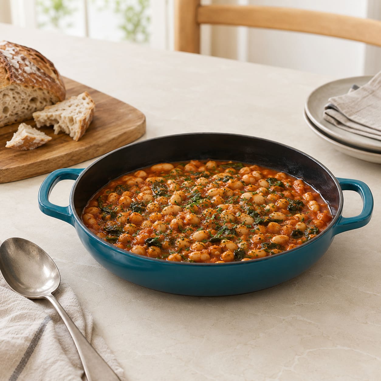 Dark cyan enamelled cast iron shallow casserole with side handles, filled with beans