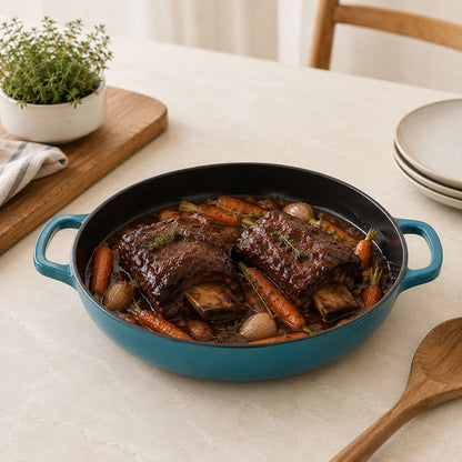 dark cyan enamelled cast iron shallow casserole with black interior and side handles, roast meat and veg