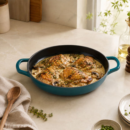 dark cyan enamelled cast iron shallow casserole with loop handles and black interior
