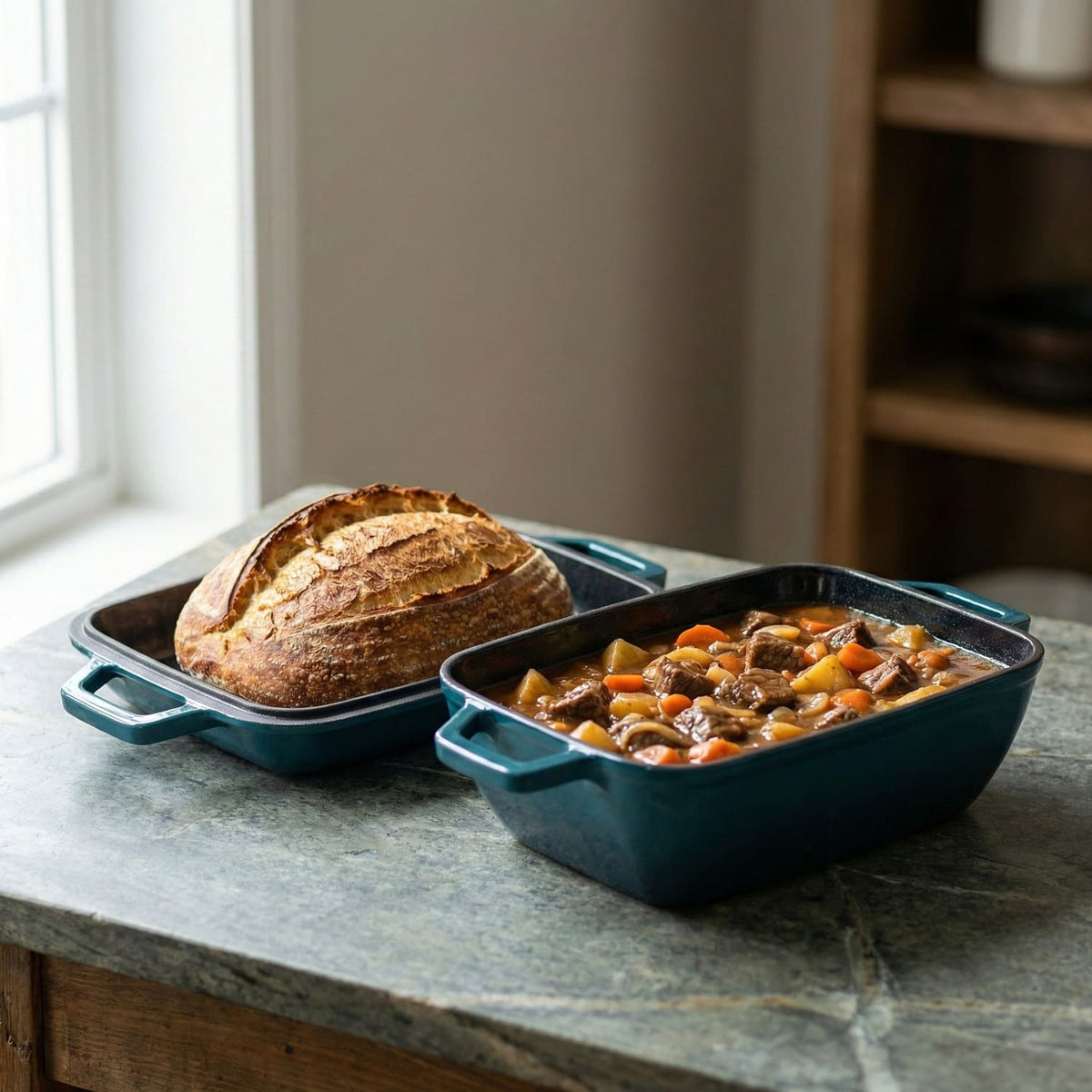 Oval bread oven holding baked bread, teal base beside serving dish Deep Cyan (enamelled)