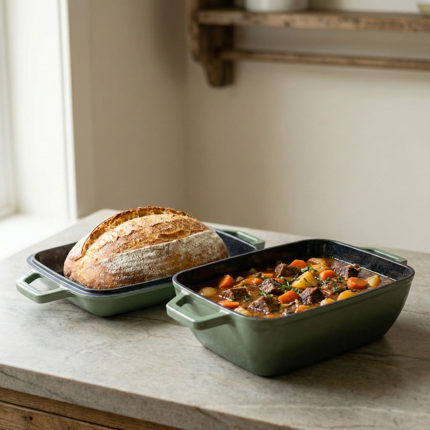 Sage green (enamelled) oval bread oven with lid and base tray, with a vegetable stew dish