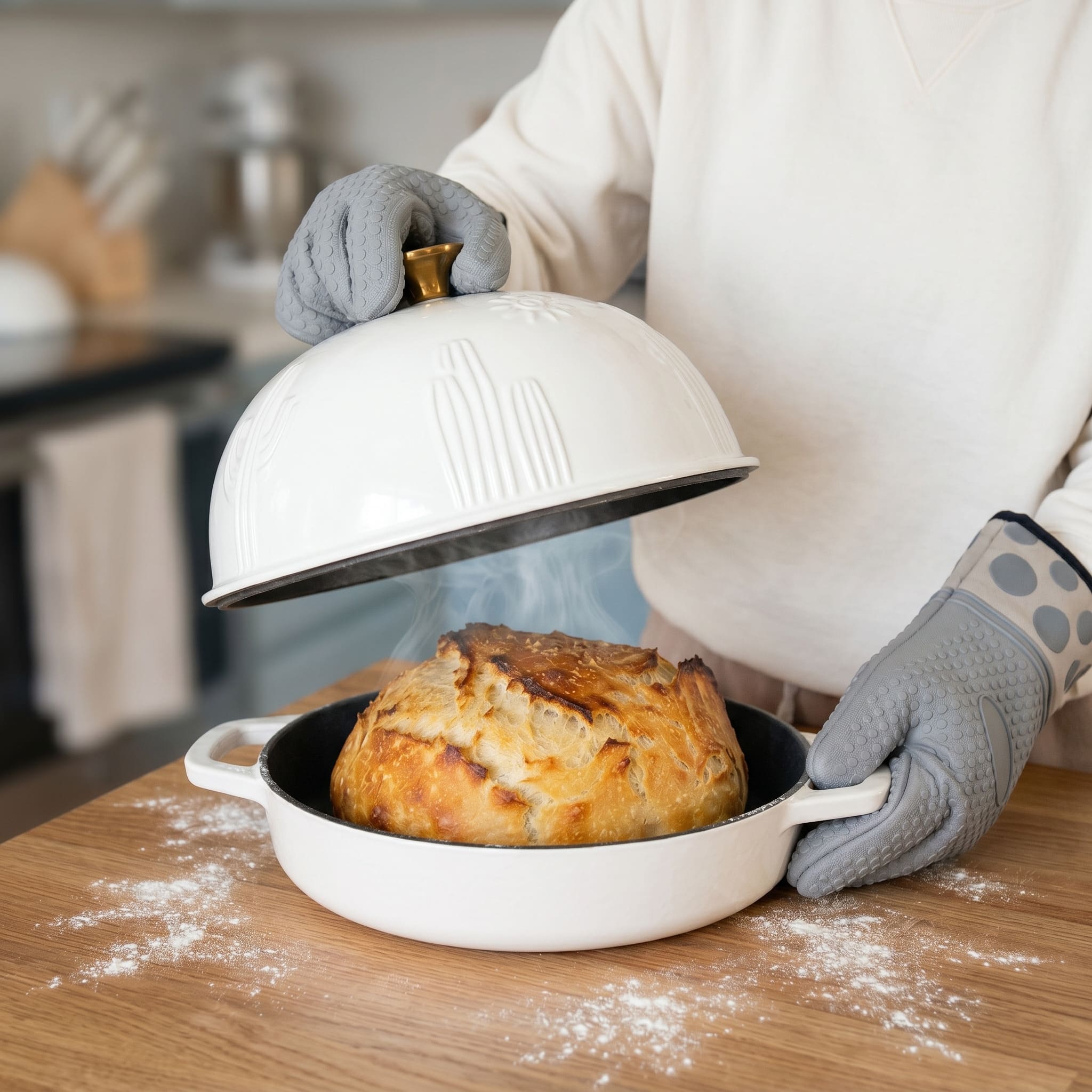 White enamelled cast iron Dutch oven holding a bread loaf with lid and mitts