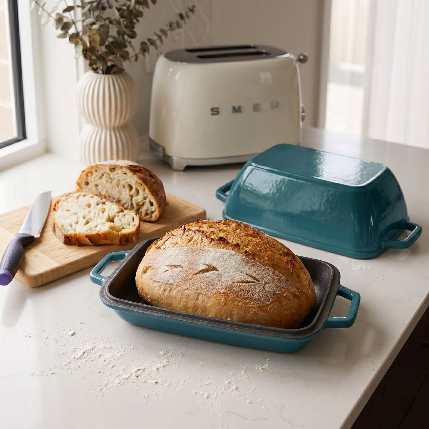 Oval bread oven with baked loaf, teal base and lid on countertop Deep Cyan (enamelled)
