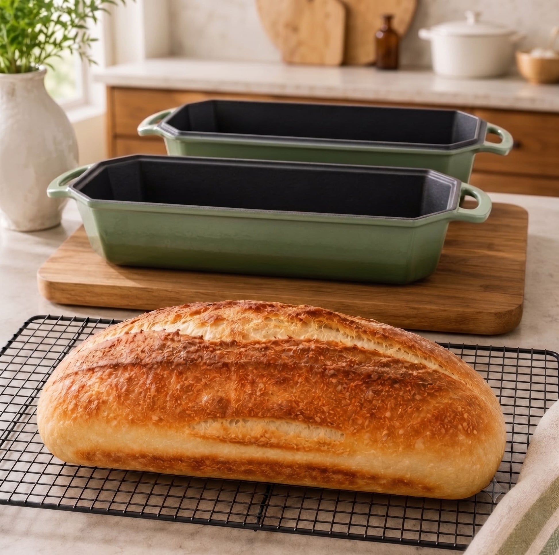 enameled cast iron long loaf pan 33 x 13 cm sage green
