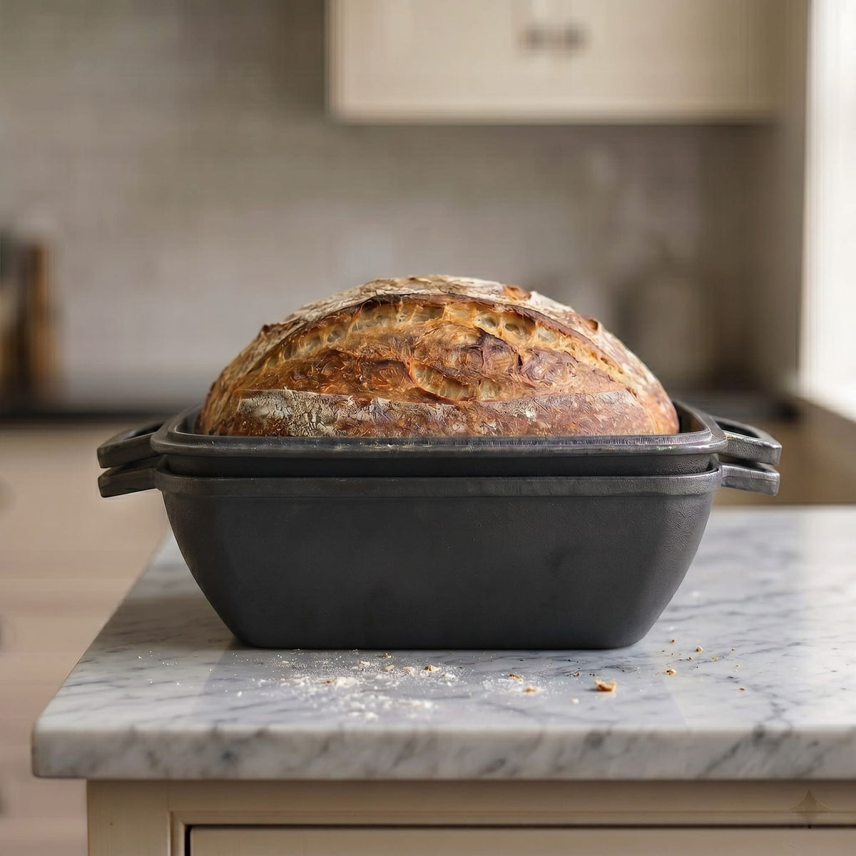 Oval bread oven with lid, bread loaf inside on countertop Black (Pre-Seasoned)