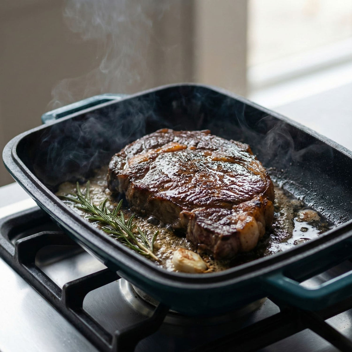 Oval bread oven on stovetop holding a beef roast with rosemary Deep Cyan (enamelled)