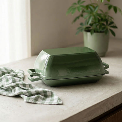 Oval bread oven with lid, green enamel on countertop Sage Green (enamelled) 