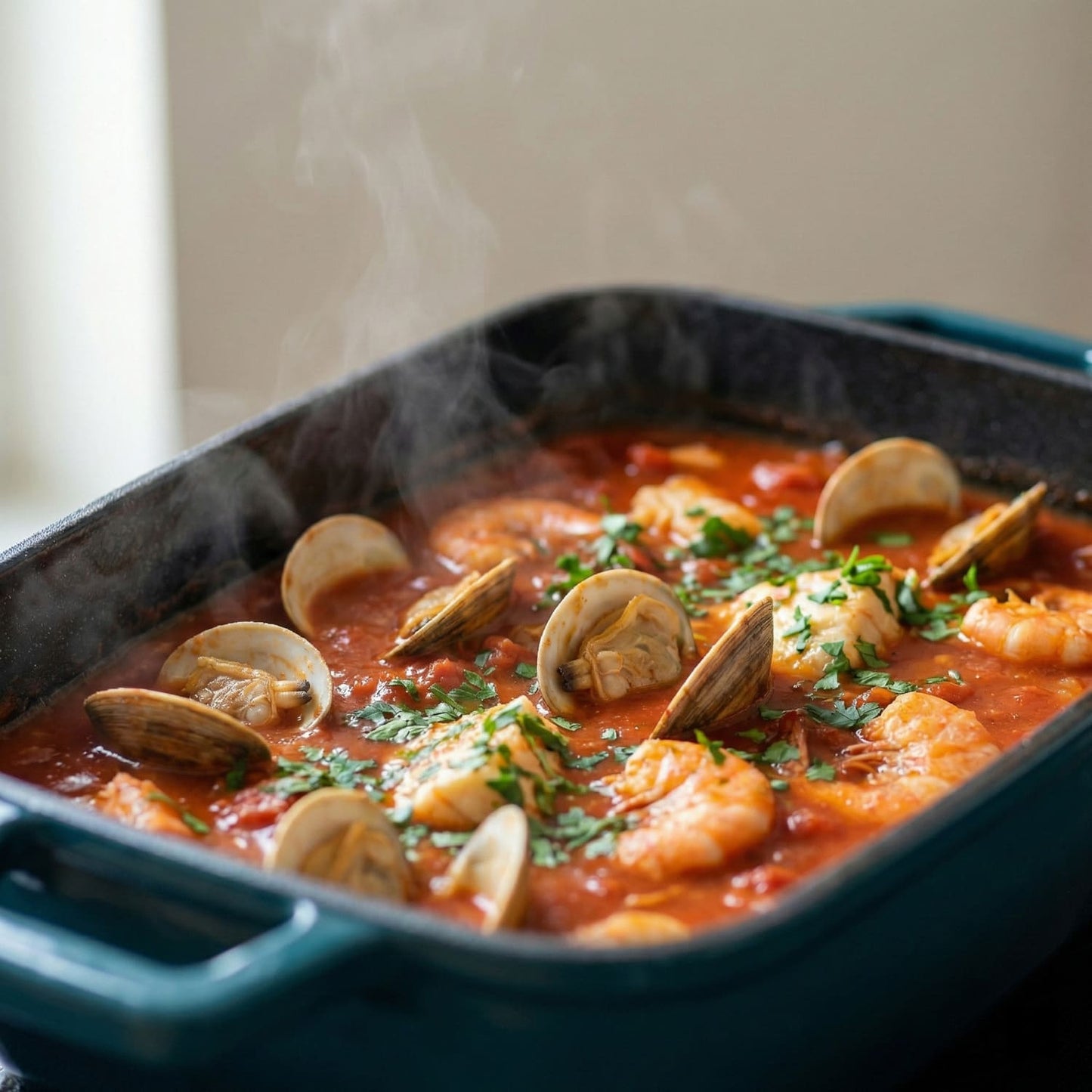 Oval bread oven filled with shrimp and tomato sauce, topped with herbs Deep Cyan (enamelled)