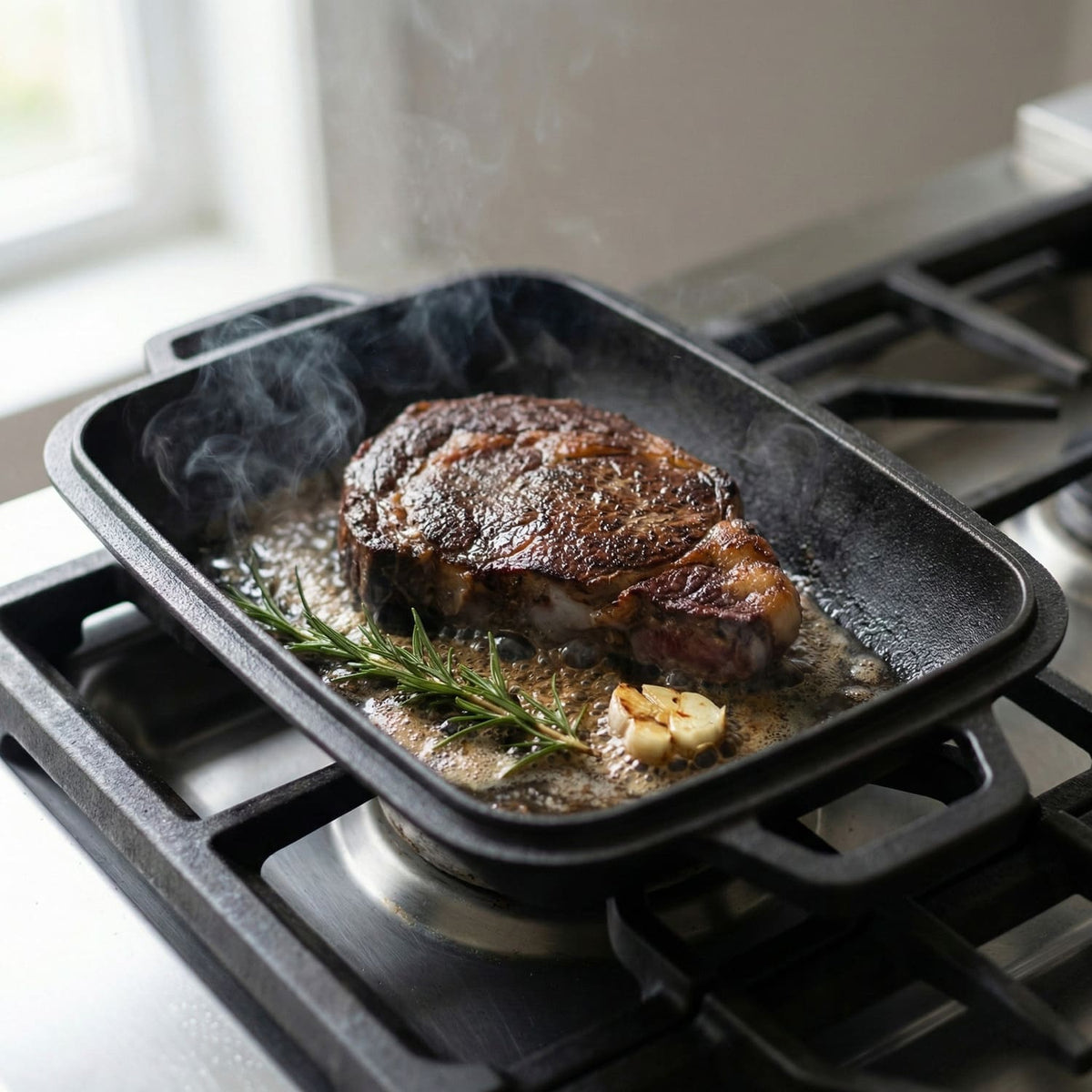 Oval bread oven on stovetop with bread, herbs, and steam Black (Pre-Seasoned)