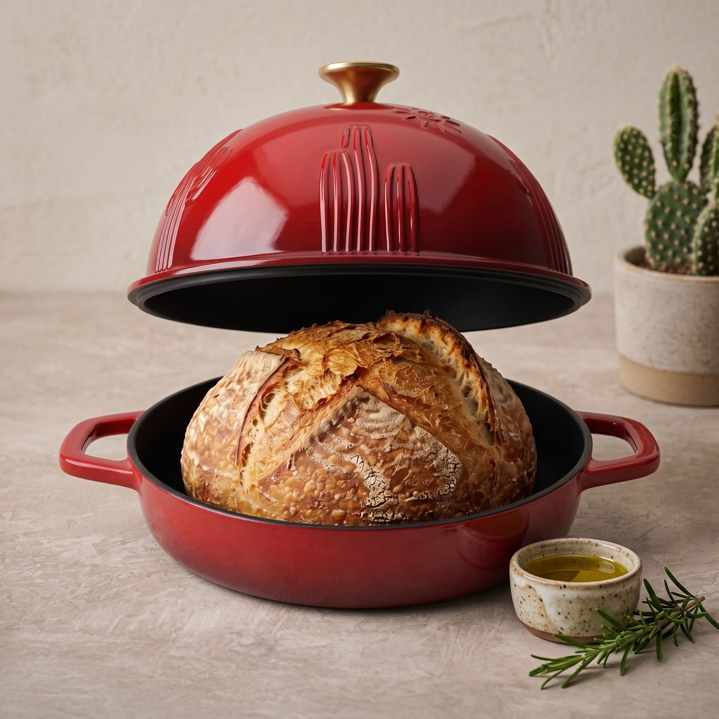 Enamelled cast iron Dutch oven in cherry red, open with sourdough loaf inside