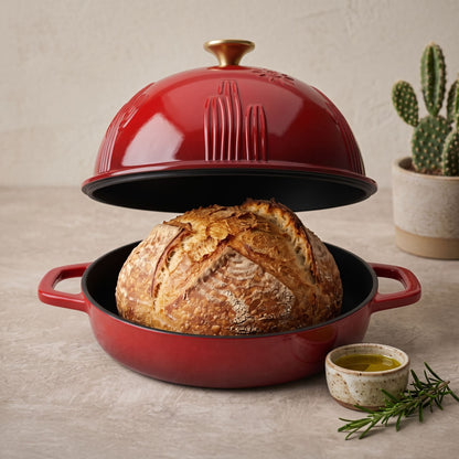 Enamelled cast iron Dutch oven in cherry red, open with sourdough loaf inside