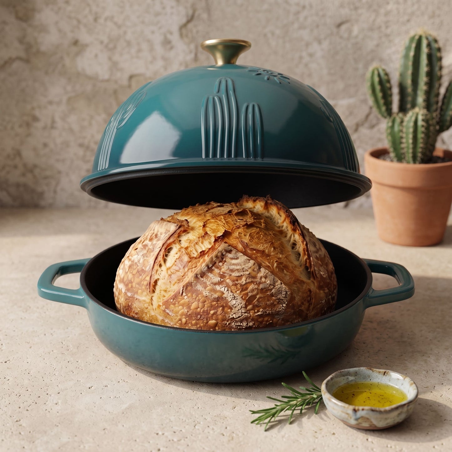 Enamelled cast iron Dutch oven in dark cyan, open with sourdough loaf inside