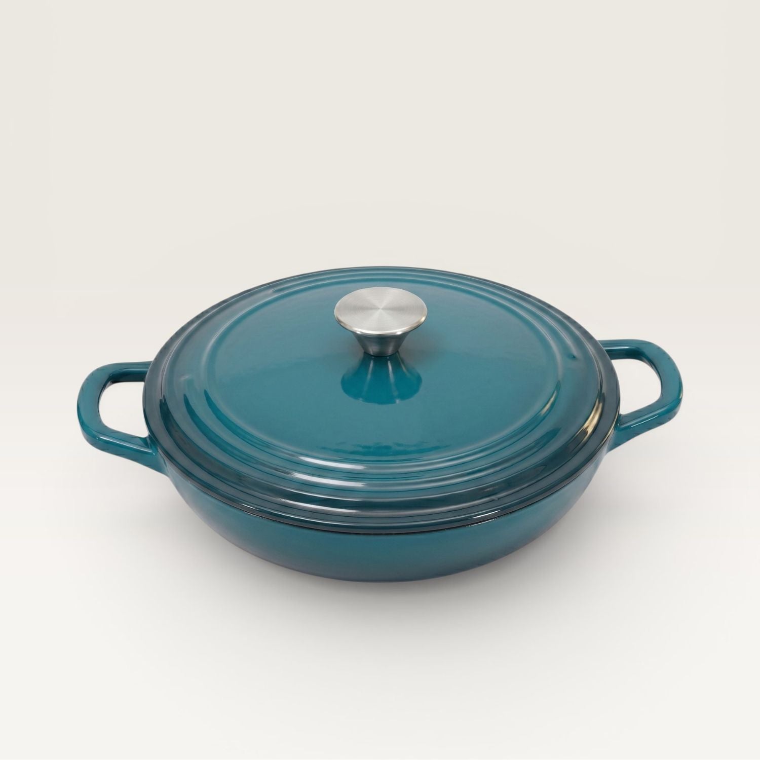 Enamelled cast iron shallow casserole with lid, teal with two side handles