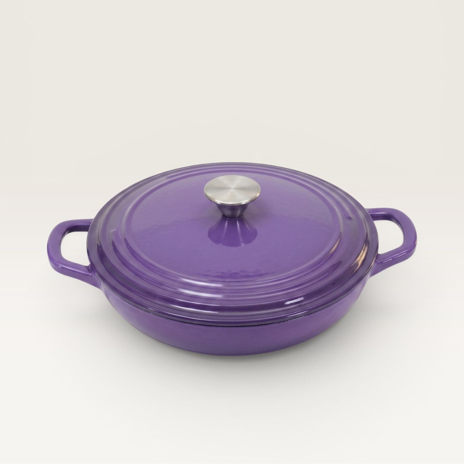 Enamelled cast iron shallow casserole with lid, purple with two side handles
