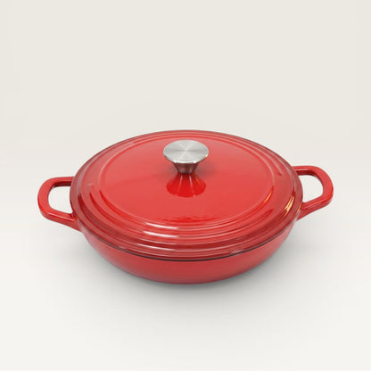 Enamelled cast iron shallow casserole with lid, red with two side handles