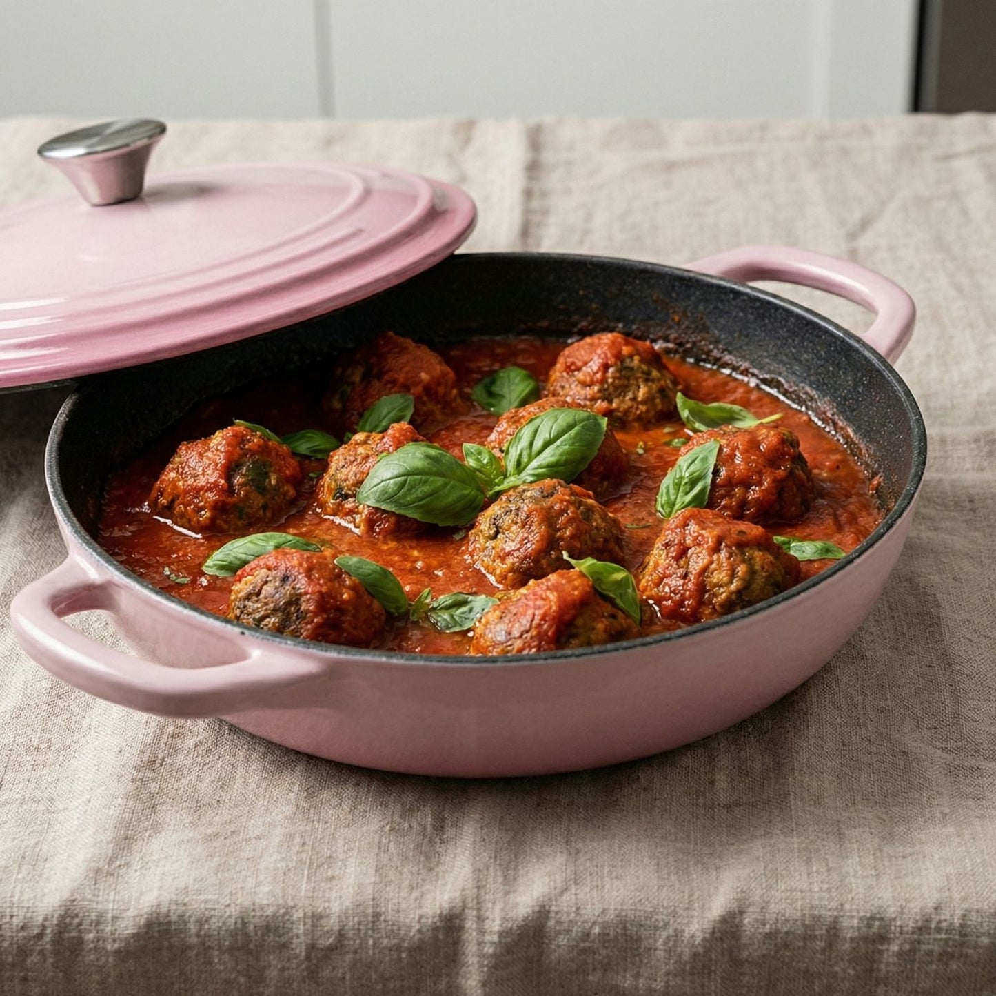 Pink frying pan with meatballs and tomato sauce on a beige cloth