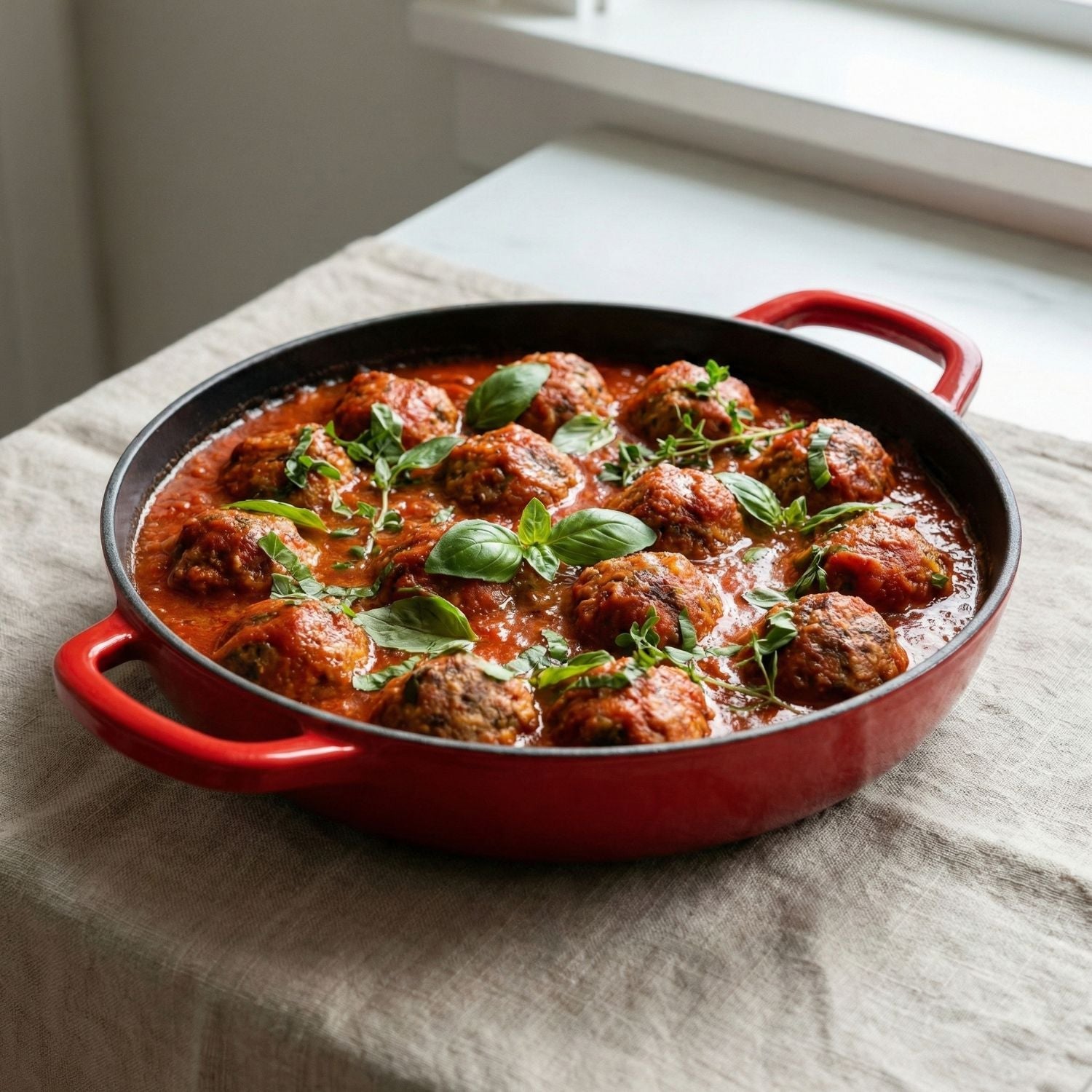 Red skillet with meatballs and tomato sauce on a light fabric surface