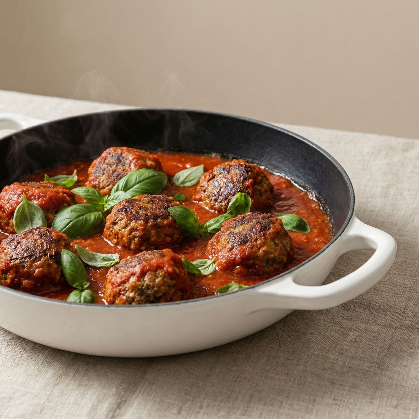 White skillet with meatballs in tomato sauce and basil leaves on a beige background