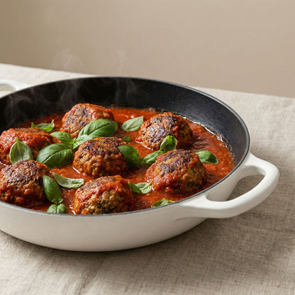 White skillet with meatballs in tomato sauce and basil leaves on a beige background