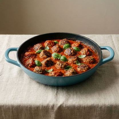 Blue cast iron skillet with meatballs in tomato sauce on a beige tablecloth.