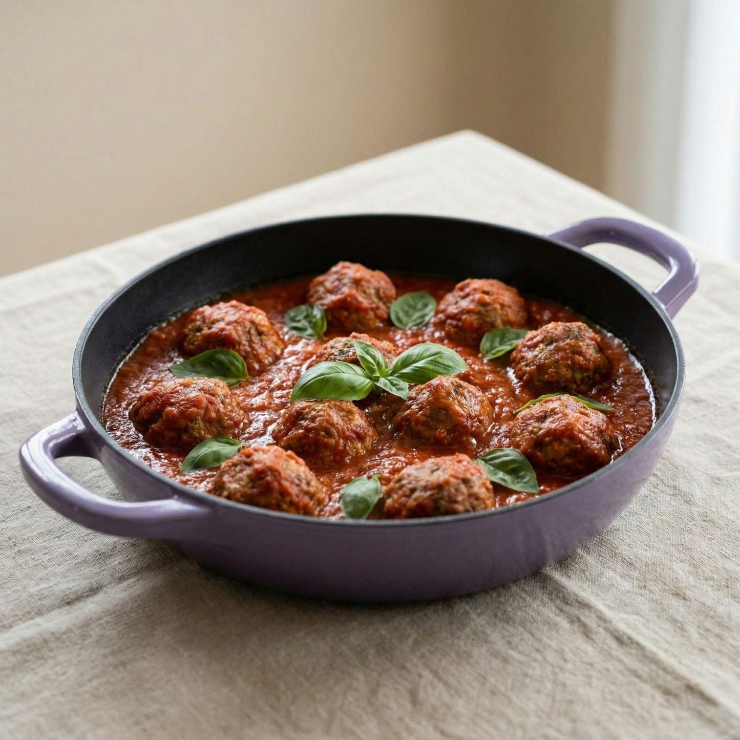 Purple skillet with meatballs and tomato sauce on a beige surface