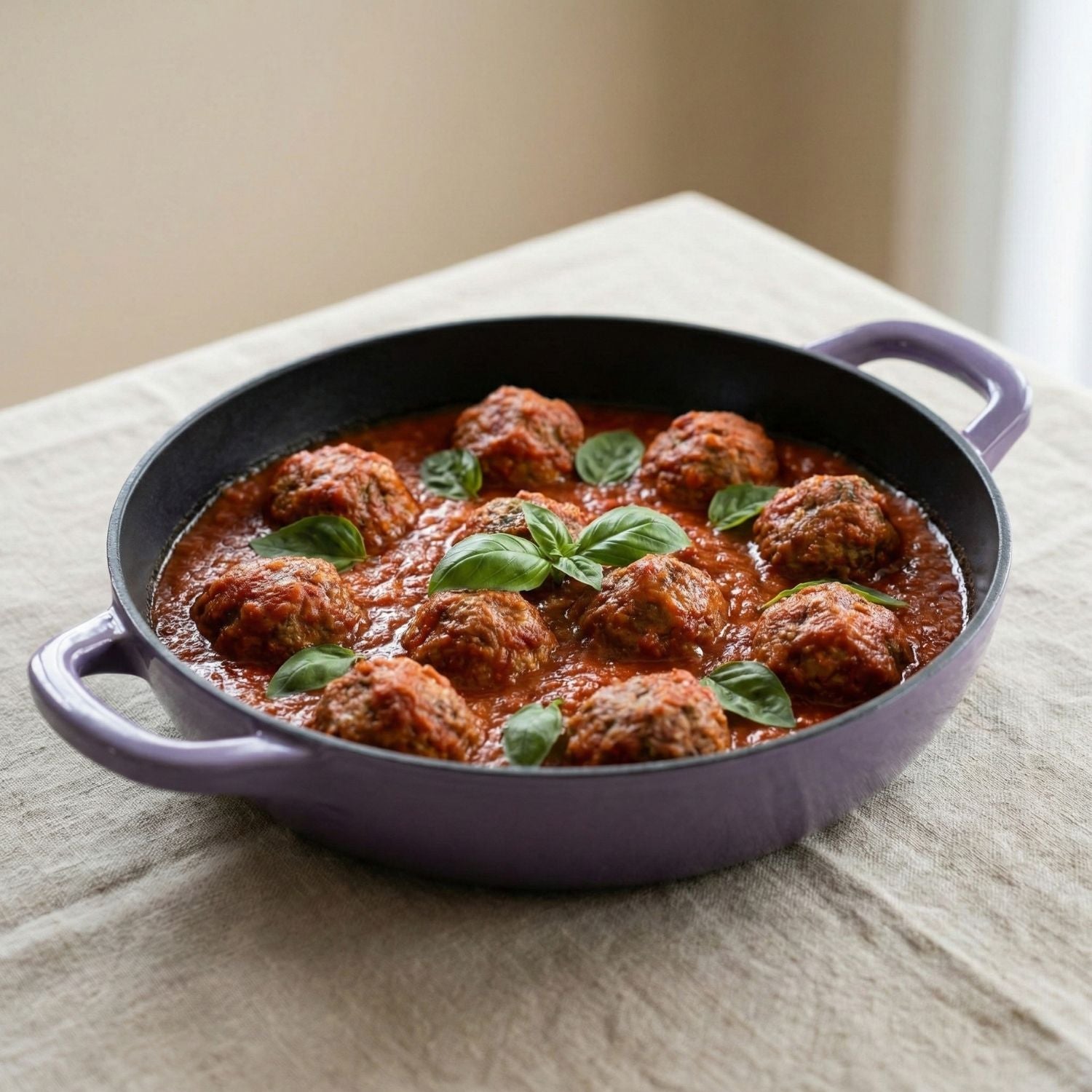Purple skillet with meatballs and tomato sauce on a beige surface
